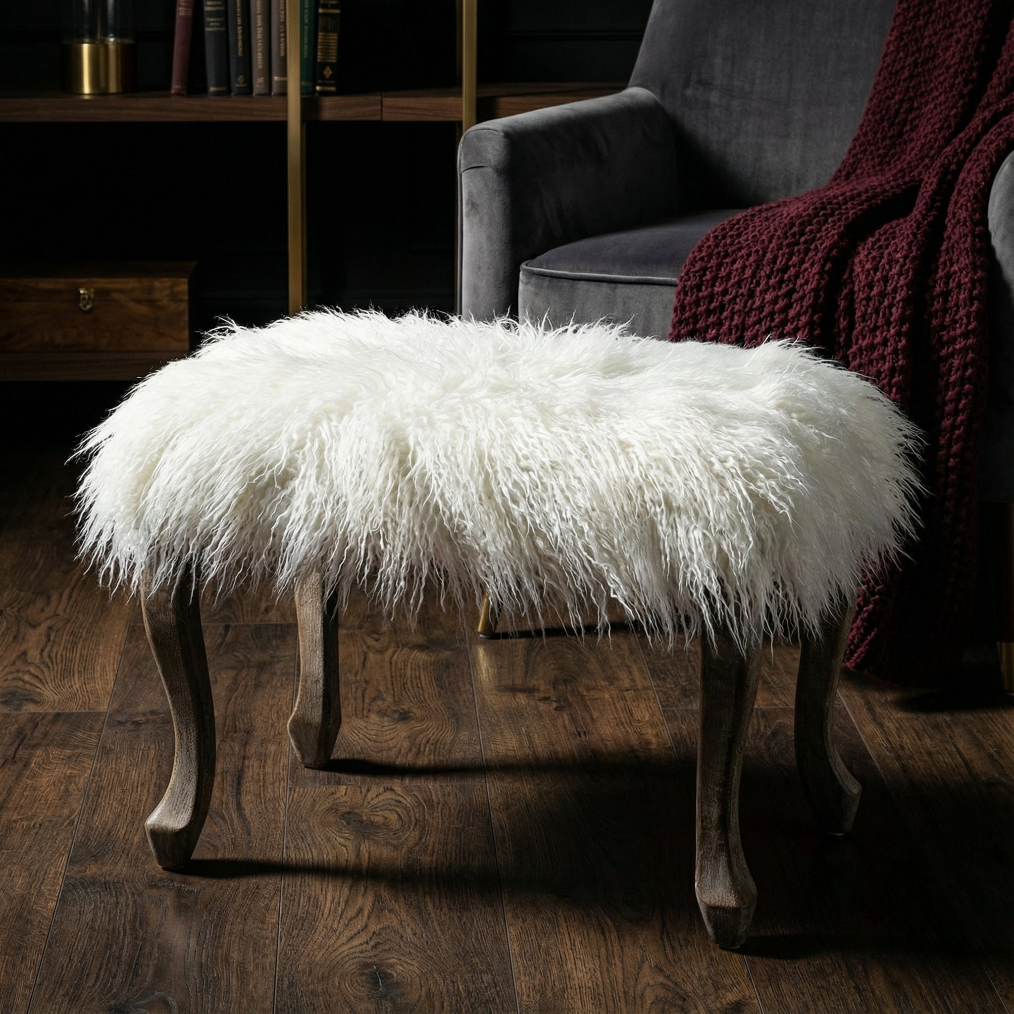 Cortesi Home Harlow Bench Ottoman, White Faux Fur with Driftwood Legs
