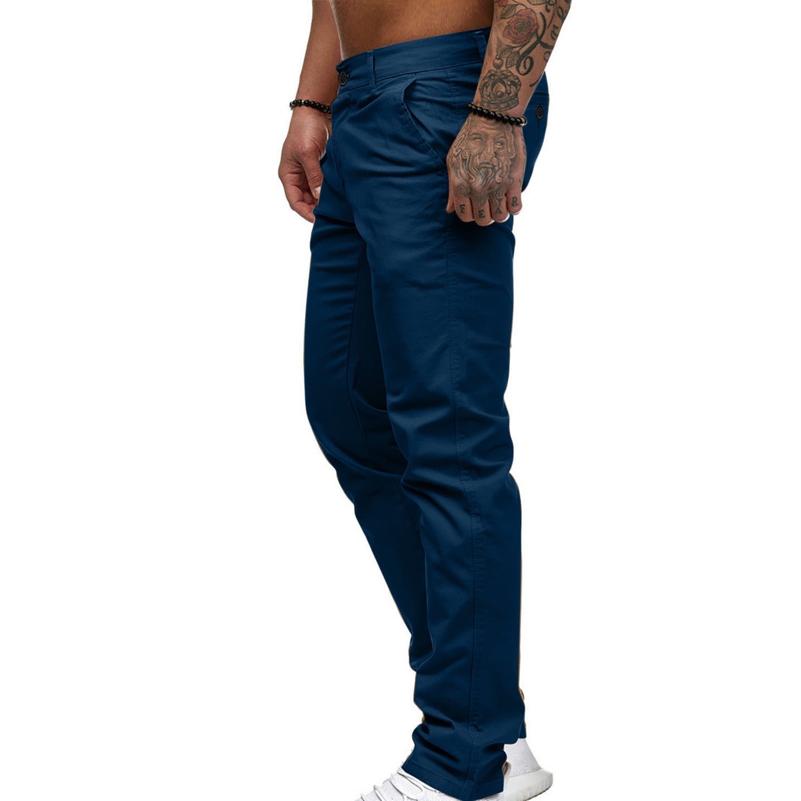 Ayolanni Navy Oversized Twill Pants for Mens Straight Leg Button