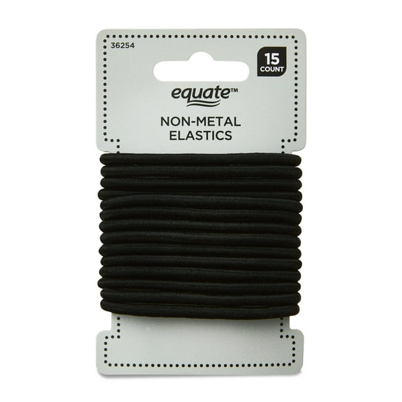 Equate Non-Metal Hair Elastics, Black, for Ponytails, Braids, or Buns, 15 Count