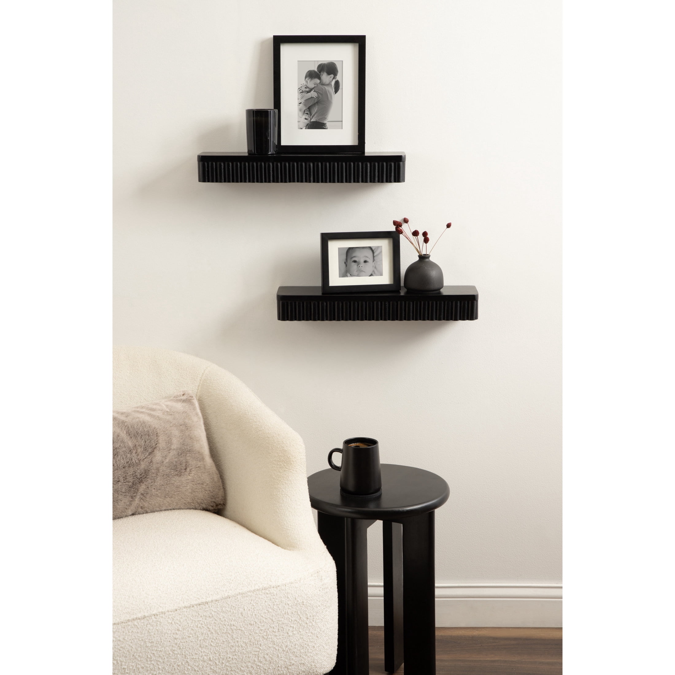 Kate and Laurel Reid Modern Ribbed Wood Floating Shelves, Set of 2, 20 Inches, Black, Decorative Floating Shelf Set for Use as Cute Nursery Book Shelves or Living Room Gallery Wall Decor