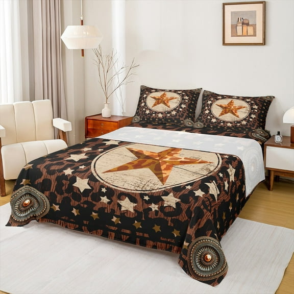 Manfei Texas Star Twin Sheet Sets,Leopard Print Twin Fitted Sheet,Brown Beige Black Flat Sheet For Teens,Super Cozy Room Decor,3pcs