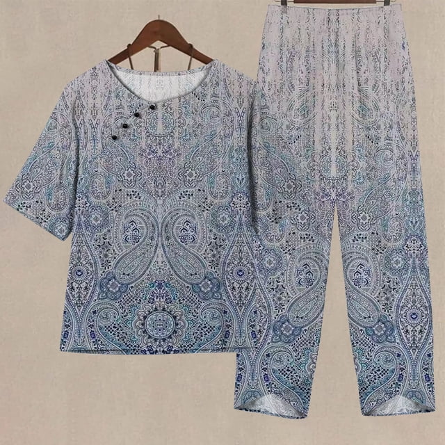 Ensembles d'Été 2 Pcs pour Femmes Ensemble Imprimé Manches Courtes Demi-Manches Col Rond Haut Court + Pantalon Décontracté Ensemble Deux Pièces Ensemble de Détente Grande Taille en Liquidation