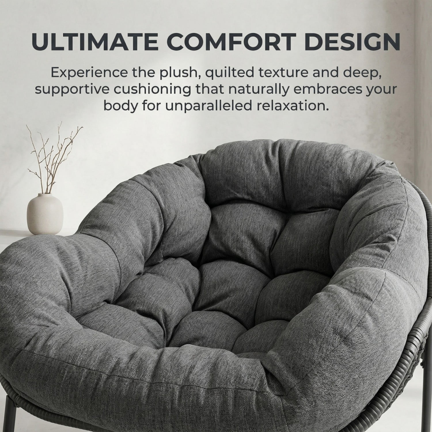 Outdoor Papasan Rocking Chair, Oversized Egg Rocking Chair with Cushion, Wicker Rattan Patio Rocker, Indoor Outdoor Lounge Chair for Porch Garden Living Room, Dark Gray