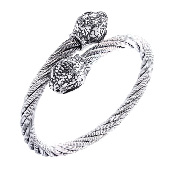 555Jewelry Adjustable Stainless Steel Twisted Cable Wire Open Bangle Cuff with Snake Heads Endings, Viking Bracelet for Men, Silver