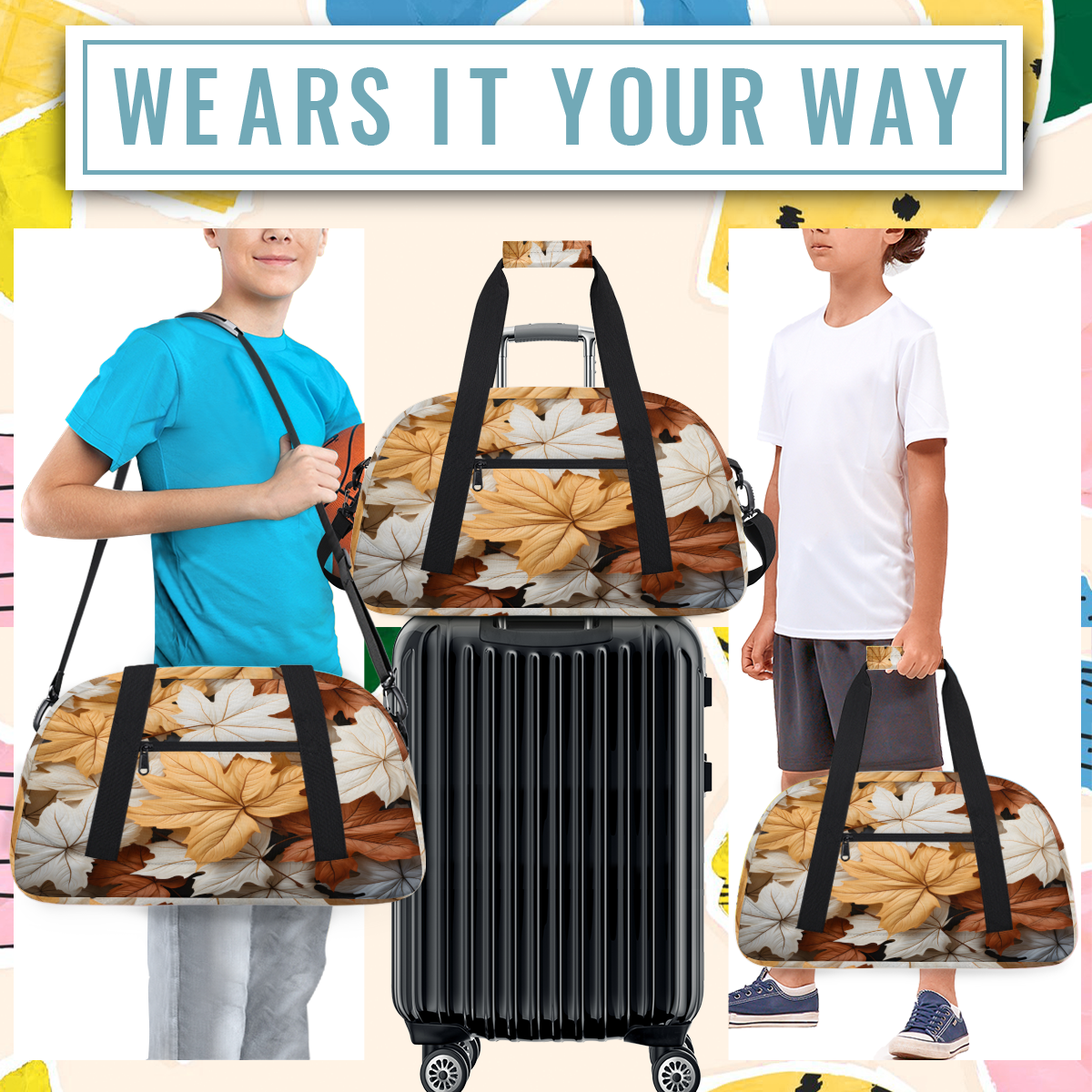 Herdesigns Fall Printed Sports Duffle Bag for Women & Men, Autumn Leaves Gym Bag Dance Bag Overnight Bag Carry On Weekender Travel Bag