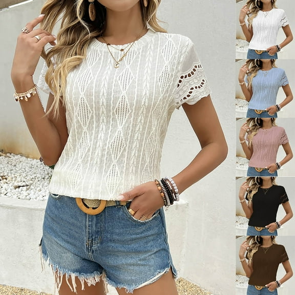 ZZwxWA Womens Shirts, Summer Tops, Eyelet Embroidery T Shirts, Women Blouses Dressy Casual, Short Sleeve Scallop Trim Tee