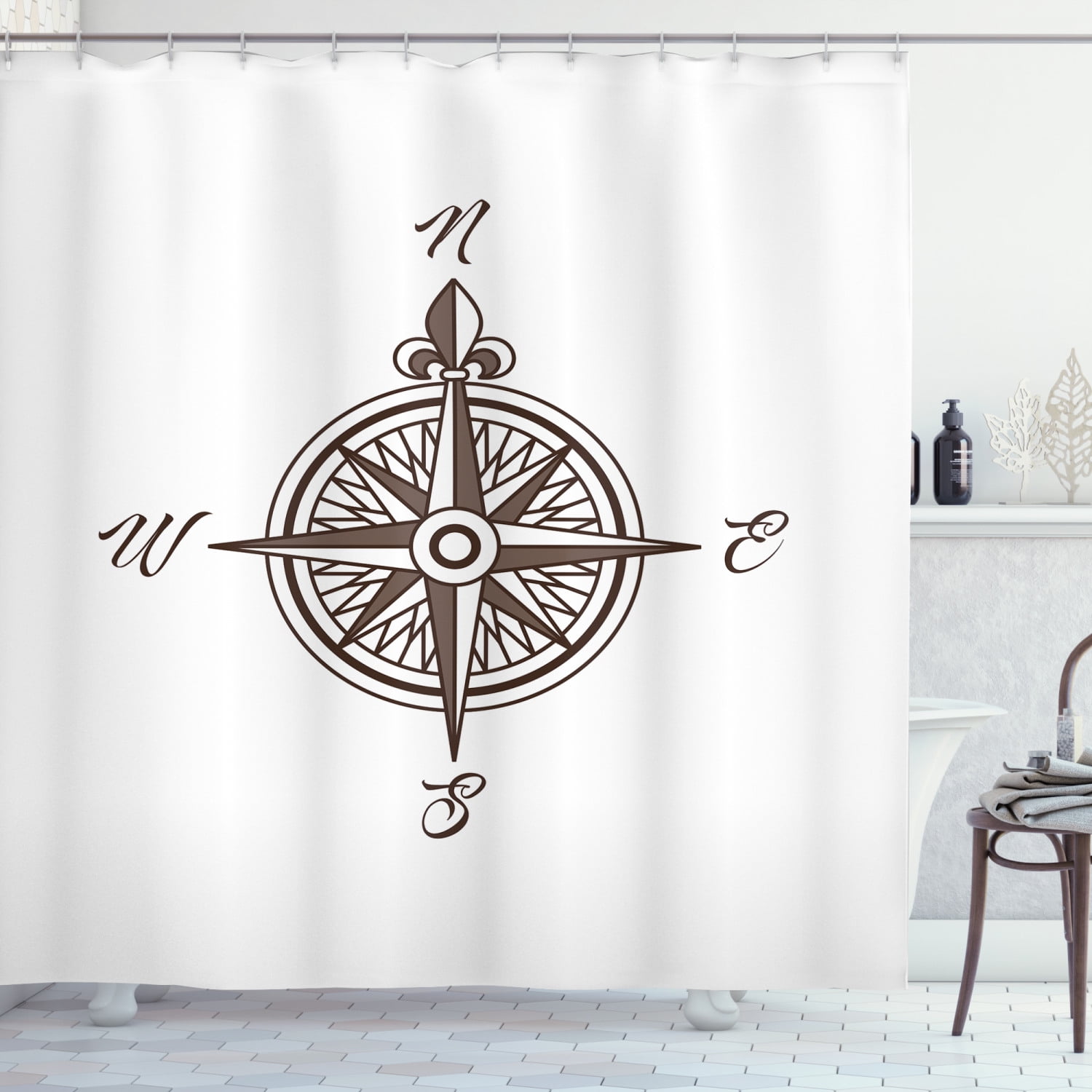 Nautical Compass Shower Curtain Set Bathroom Waterproof Fabric Bath Accessories 
