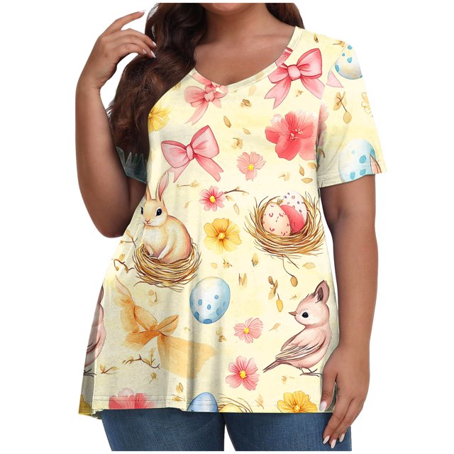 Pisexur Printemps Tops for Women 2025 Women Mode Été Imprimé Régulier Women Manches Courtes Col Rond Womens Tops Multicolore,2TG