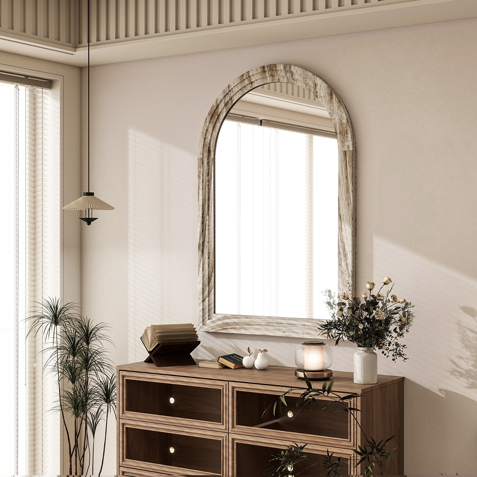 Mirrasia 24"x 36" Arched Vanity Mirror Decor Wall Mirror with Solid Wood Frame, White