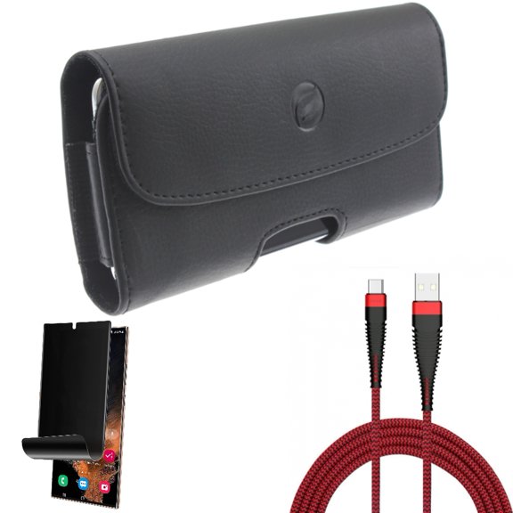 10ft USB Cable & Privacy Screen Protector & Case Belt Clip for Samsung Galaxy S22 Ultra (6.8") - Combo Type-C Charger Cord Power & TPU Film (Fingerprint) Anti-Peep & Leather Holster Cover