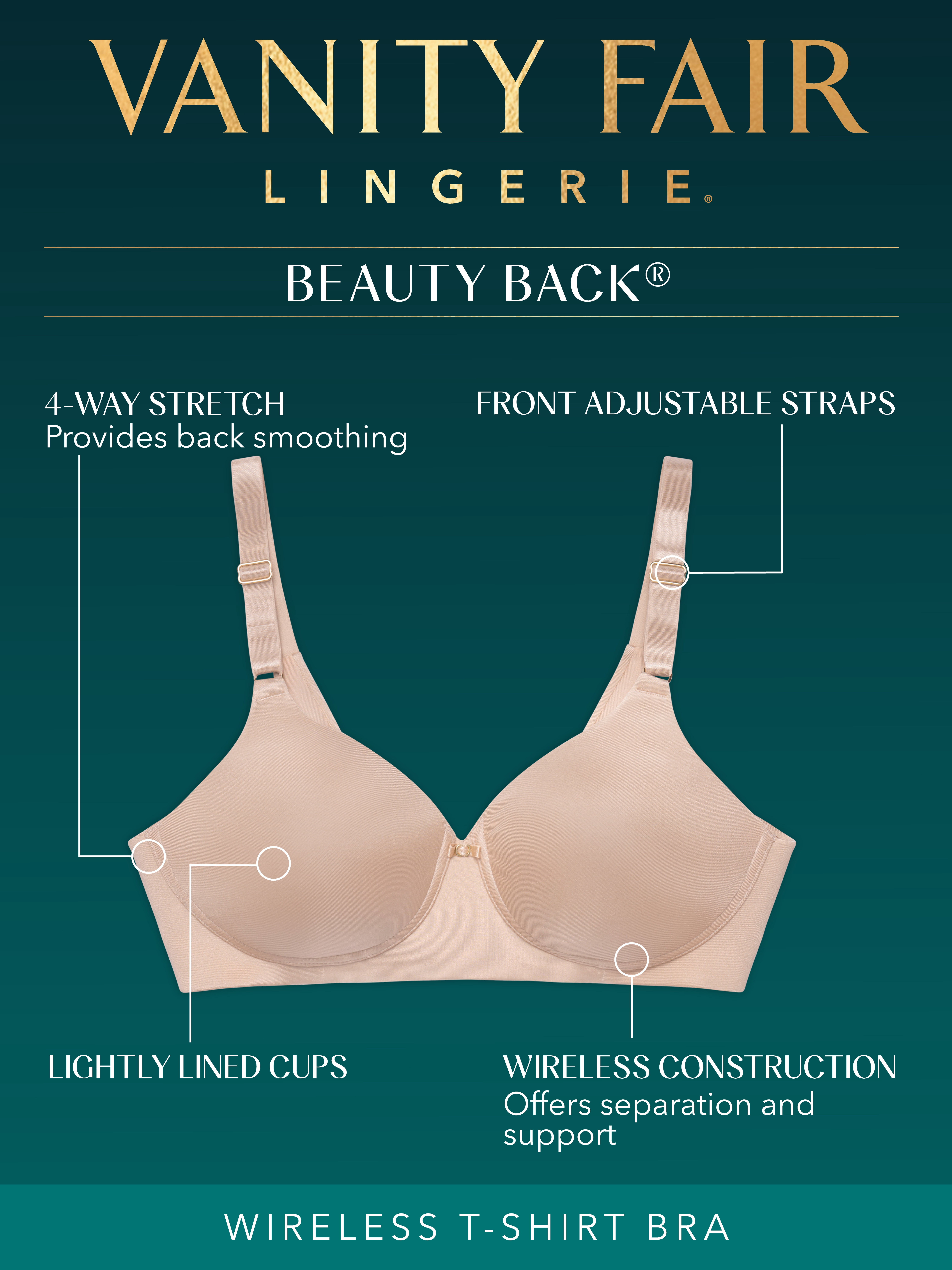 Vanity Fair Lingerie Women's Beauty Back Full Coverage Smoothing Wireless Bra, Style 72345