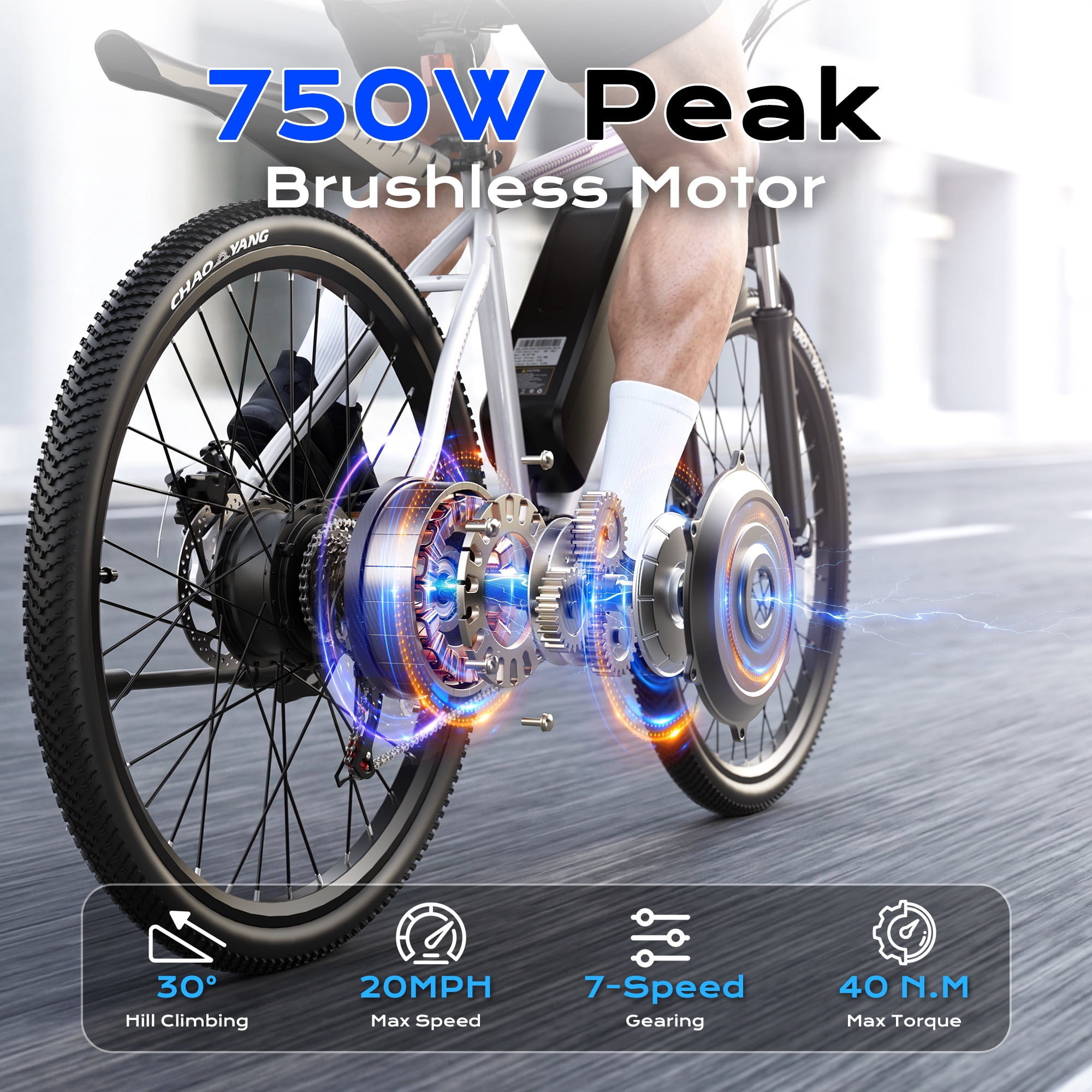 VIPDRIVE Electric Bike for Adults 26", 750W Peak Ebike, 48V 7.8AH Removable Battery，Up to 40 Miles 20MPH Electric Mountain Bike，Front Fork Suspension，7-Speed Shimano Gears，UL2849