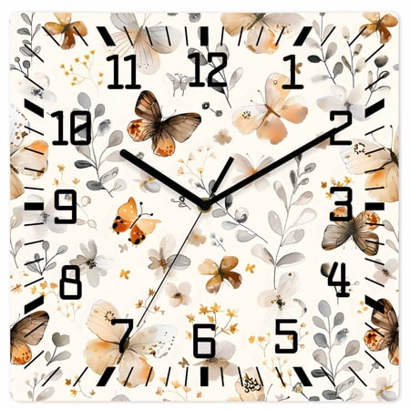 Retro Spring Floral Wooden Wall Clock Silent Non Ticking, Brown Butterfly Botanical Square Wall Clocks Battery Operated, Decor Clock for Home Office, Living Room, Kitchen, 12 Inch