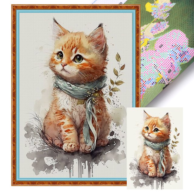 (11CTACC-2066__C__ 35x50) hilo algodón ecológico bordado 11CT 3 hebras impresión 35*55cm kit serie punto cruz lindo gatito