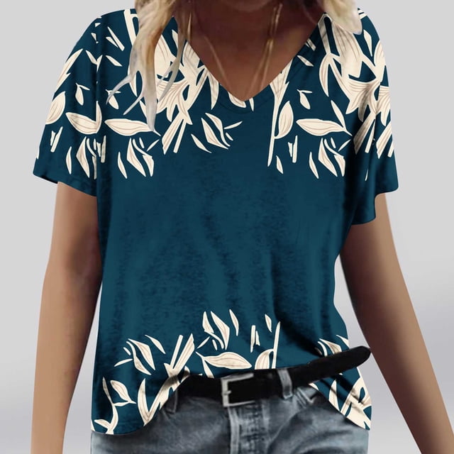 Fiudx Ofertas Del Día Moda Mujer Casual Cuello En V Blusa Sólida Manga Corta Camiseta Verano Tops