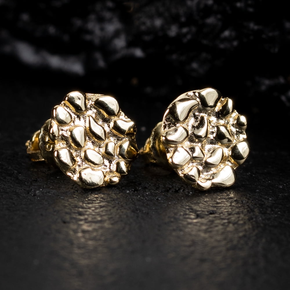 Small Round Shape 14K Yellow Gold Plated Solid 925 Sterling Silver Screw Back Post Men's Circle 90's Old School Retro Nugget Hip Hop Stud Earrings