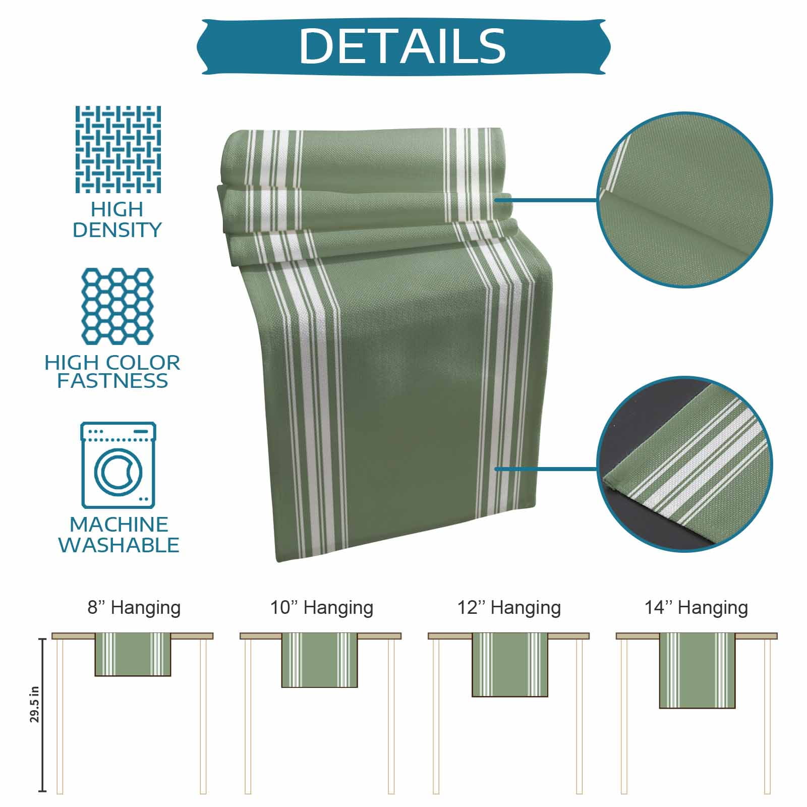 Dark Sage Green Table Runner, Farmhouse Sage Green White Striped Washable Cotton Linen Table Runners 60 Inches Long, Dresser Scarf Runner for Coffee/TV Stands/Kitchen/Cabinets 13''x60''