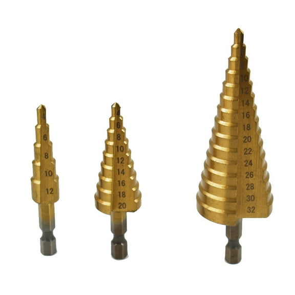 findmall 3pcs 4-32MM HSS Cobalt Step Drills Nitrogen High Speed Steel Spiral for Metal Cone Drill Bit Set Triangle Shank Hole Cutter