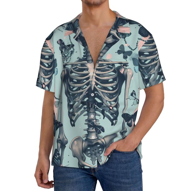 Balery Butterflies Skull Bows Camisa Casual de Manga Corta con Botones para Hombre, Texturizada, Estilo Cubano, para Playa, Verano-Medium