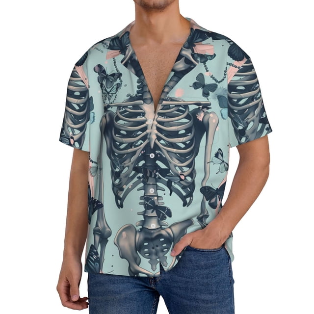 Fotbe Butterflies Skull Bows Camisa Estampada de Manga Corta para Hombre, Casual de Verano, Estilo Playero, Sin Arrugas-4X-Large