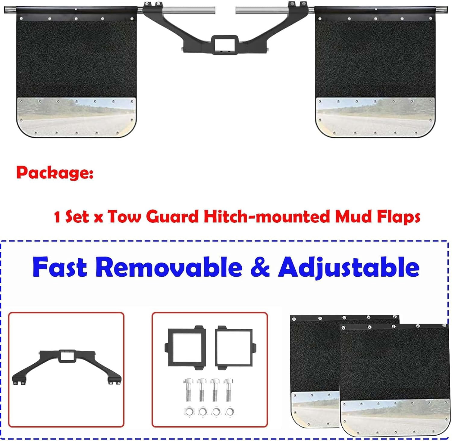 2" 2.5" 3" Hitch Mounted Mud Flaps, W/Stainless Steel Mud Flap Weights/Backing Plate Universal Heavy-Duty Mud Flaps System Height and Width Adjustable for Most Types of Vehicles