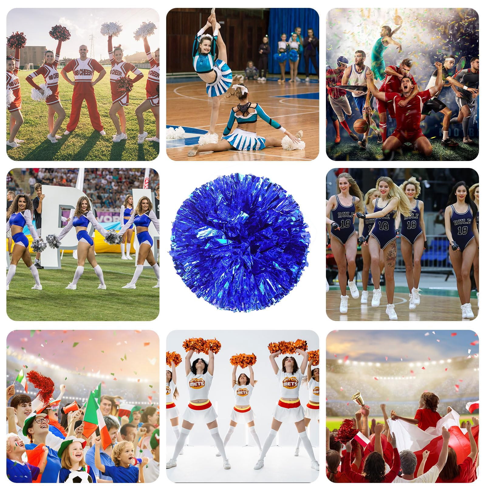 Pom Poms Cheer 8 Pcs with Four Finger Handle, Cheerleading Handheld Squad Pompoms for Sports Team Cheer Spirit Games Dance Party Adults