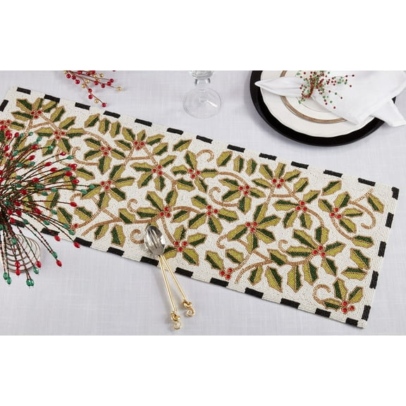 Fennco Style Hand Beaded Holly Leaves Holiday Table Runner 13" W X 35" L - Multicolored Table Cover for Banquets, Holiday, Special Events, and Christmas Décor