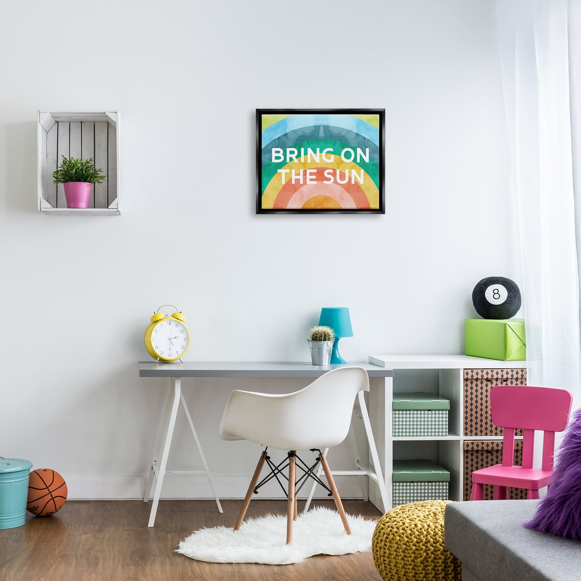 Stupell Industries Bring On The Sun Typography Rainbow Watercolor Detail Graphic Art Jet Black Floating Framed Canvas Print Wall Art, Design by Daphne Polselli