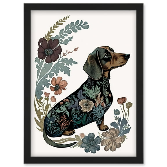 Dachshund Shorthaired Dog with Floral Patterns Colourful Modern Illustration Artwork Framed Wall Art Print A4