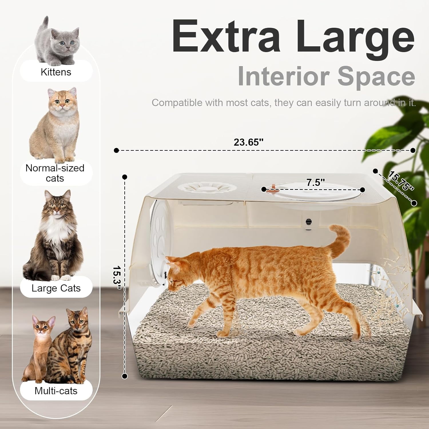 XL 3 in 1 Enclosed Extra Large Metal Litter Box w/Lid, Stainless Steel Cat Litter Box, Odorless Steel Litter Pan, Anti-Leakage & Easy Clean, High Sided Metal Litter Box w/Scoop, Beige