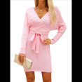thumbnail image 2 of Vestido Ajustado de Larga para Mujer, Cuello en V, Punto , Aberturas Laterales y Cinturón. Rosa L, 2 of 10