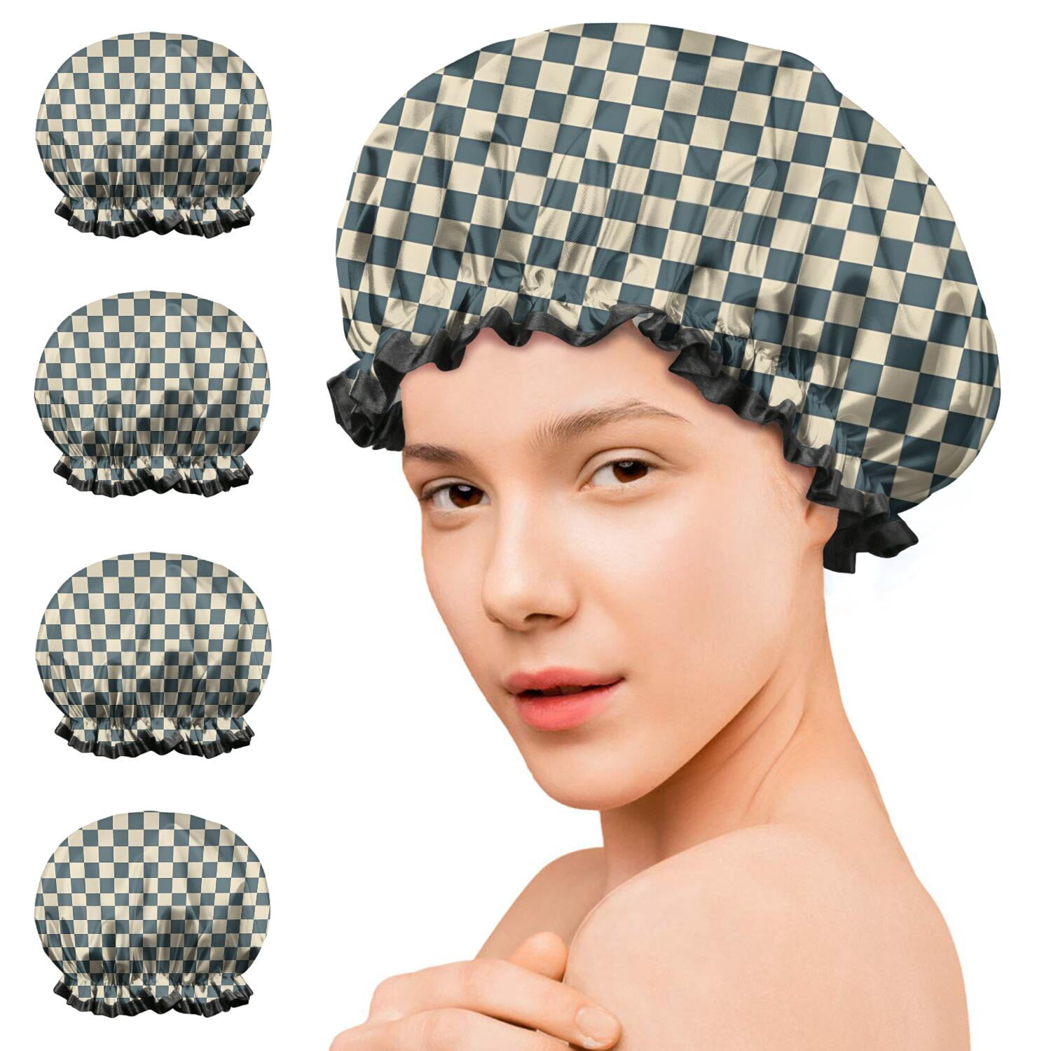 Shower Caps,Navy and Beige Checkerboard Pattern Waterproof Shower Cap for Women 4 Pieces,Double Reusable Hair Cover for Shower PEVA Elastic Stretch Hem