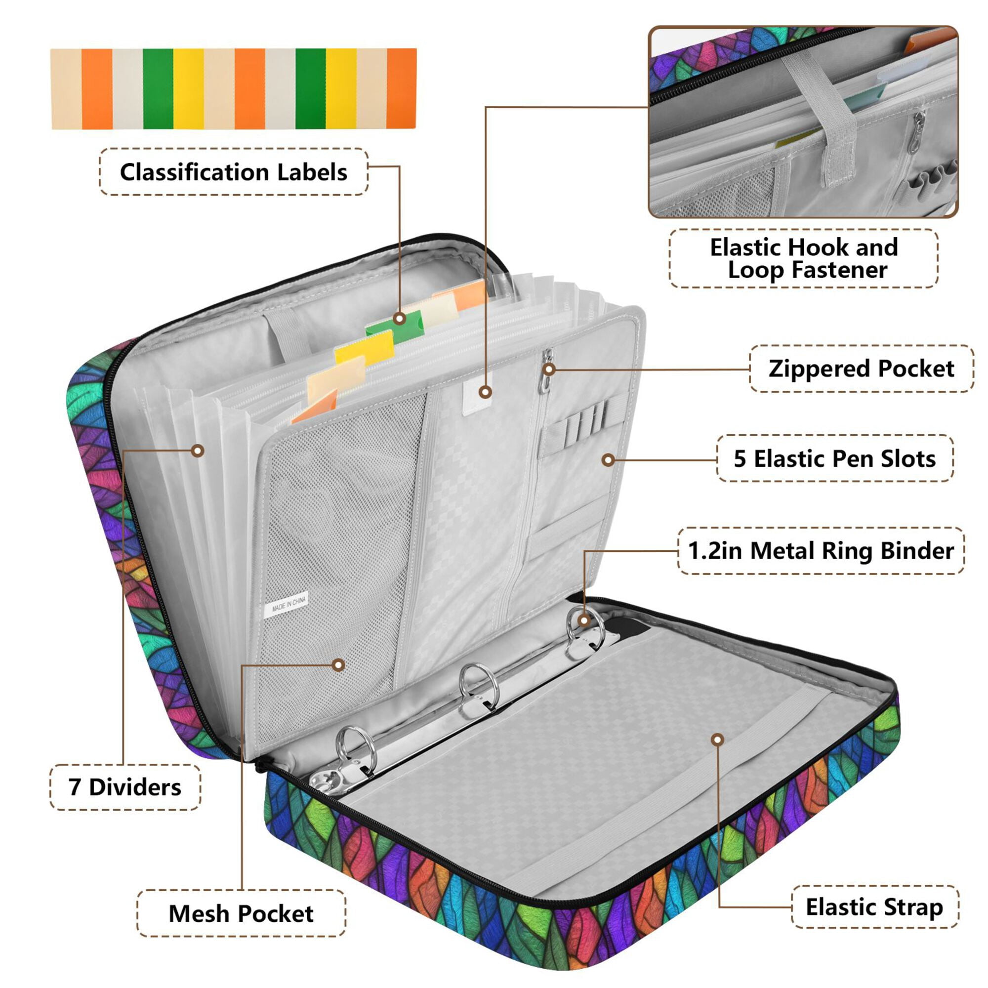FORMRS Accordion File Folder A4 Size 7-Pocket Expanding Document Organizer Bag with 3 Ring Binder, Vibrant Stained Glass Pattern