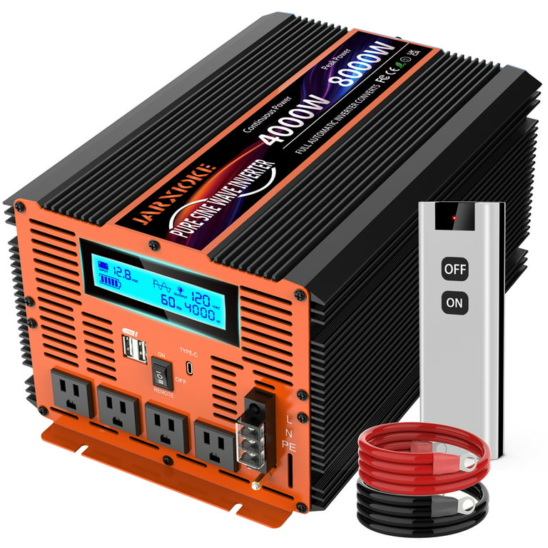4000 Watt Pure Sine Wave Power Inverter 12V DC to 110V 120V Converter for  Family RV Off Grid Solar System Car with Type-C Ports 4 AC Power Outlets  Dual USB Ports LCD