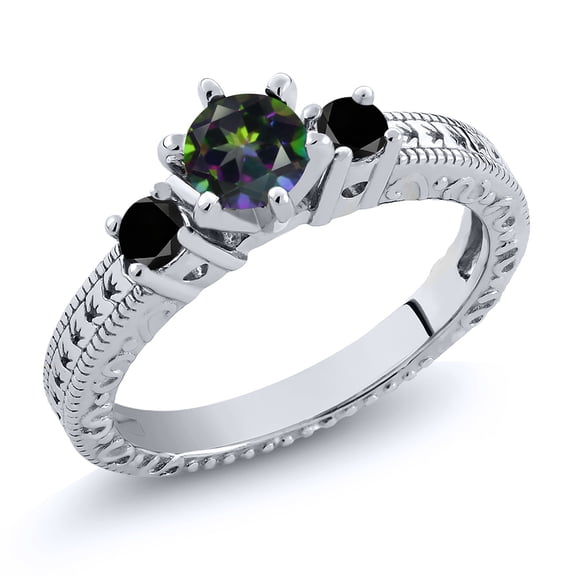 Gem Stone King 0.75 Ct Round Green Mystic Topaz Black Diamond 925 Sterling Silver Ring (Size 5)