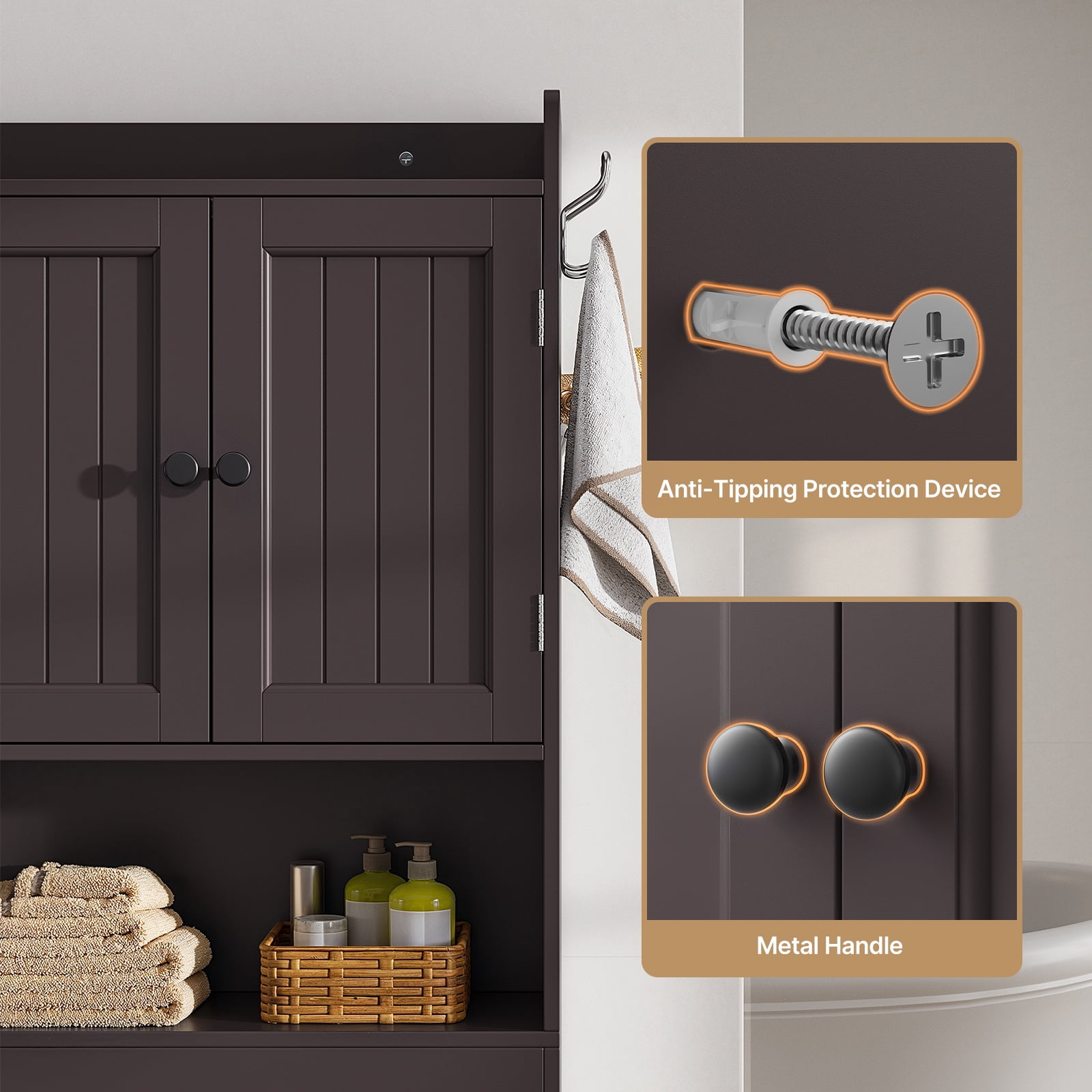 Over The Toilet Storage Cabinet, Asofer 66''H Bathroom Storage Organizer with Paper Holder and Adjustable Shelf, Dark Brown