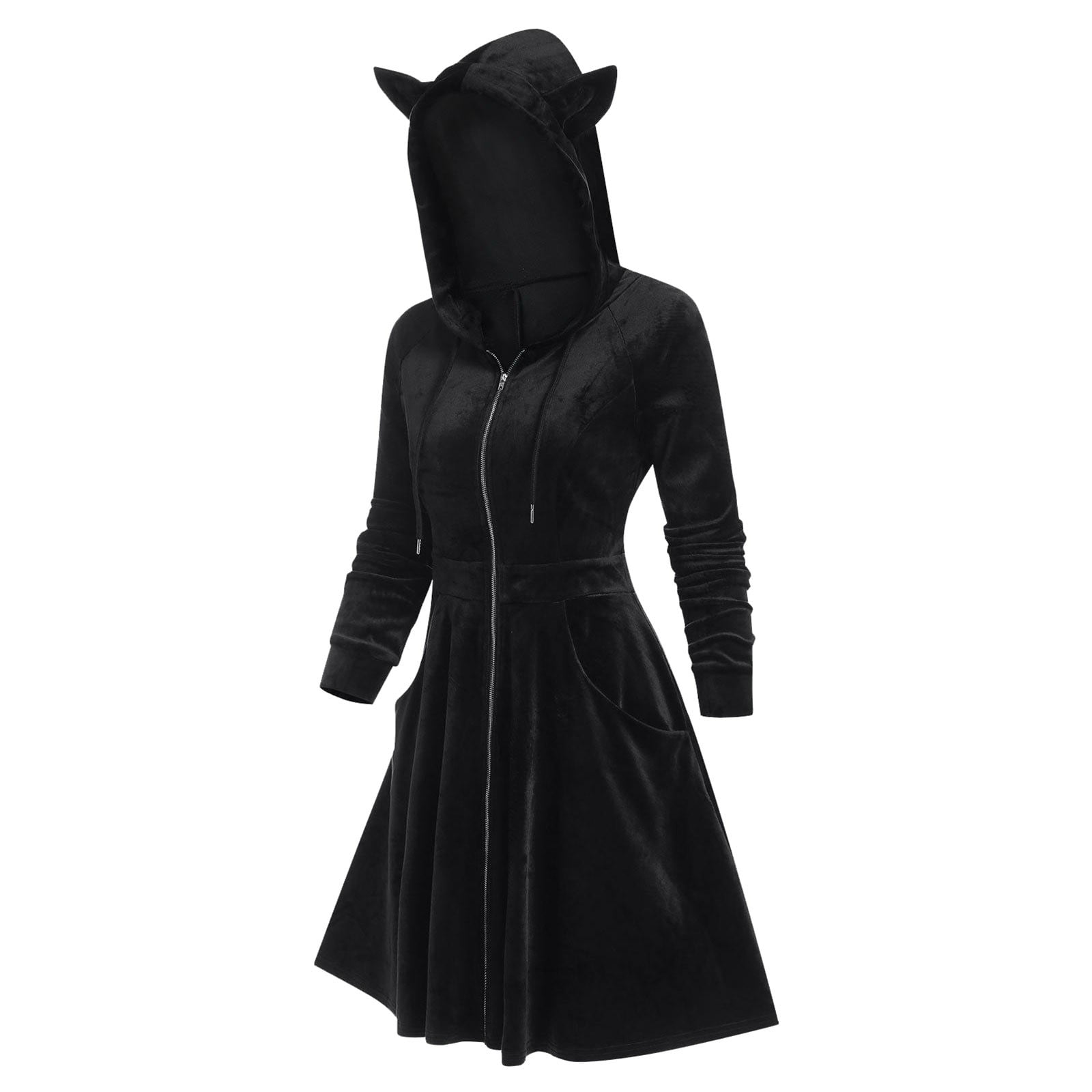 QATAINLAV Womens Gothic Hoodies Dress Fall Winter Long Sleeve Velvet Sweatshirts Cute Cat Ear Hooded Zip up Dresses with Pockets, Black, M