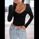thumbnail image 4 of Camisetas de Larga con Cuello en V para Mujer, Top Corto con Doble Forro y Copas con Costura para Salir. Negro S, 4 of 10