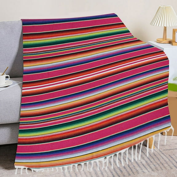 Pink Colorful Stripe Woven Tablecloth 84.6x5.1 Inch,Mexican Serape Blanket with Tassels for Party Decor,Rectangle Woven Stripe Tablecloth,Picnic Blankets Dining Table Cover