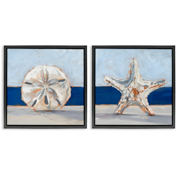 Stupell Industries Sea Life Starfish Seashell Painting Nature Painting Black Floater Framed Canvas Art Print Wall Art, 18 x 18, Set of 2
