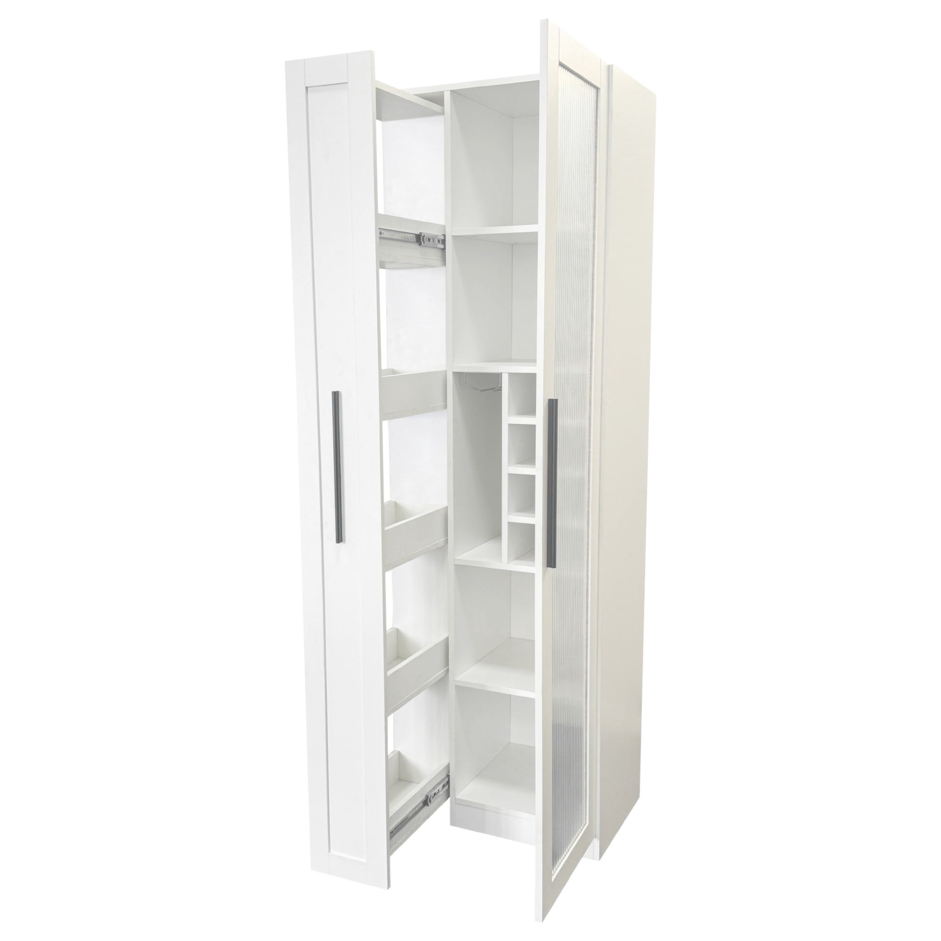 Kitchen Pantry Cabinet with Pull Out Shelves, Farmhouse Storage Cabinet with Glass Doors, Multi Tier Organizer for Kitchen Dining Room, White