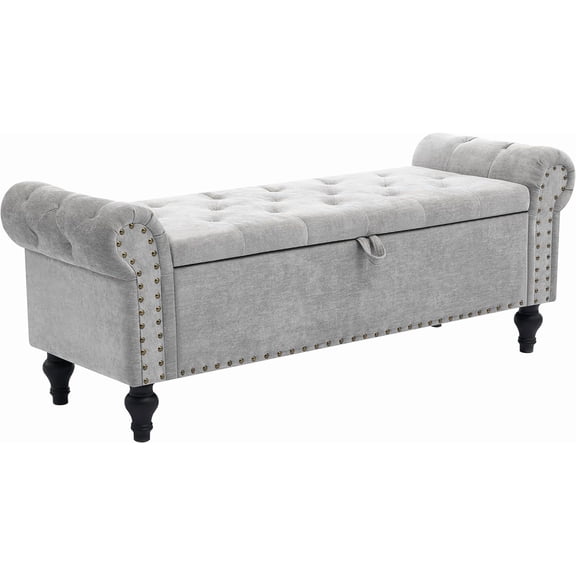51" Storage Ottoman for Bedroom, Living Room, or Entryway – Light Gray Chenille Upholstered Bench with Hidden Compartment