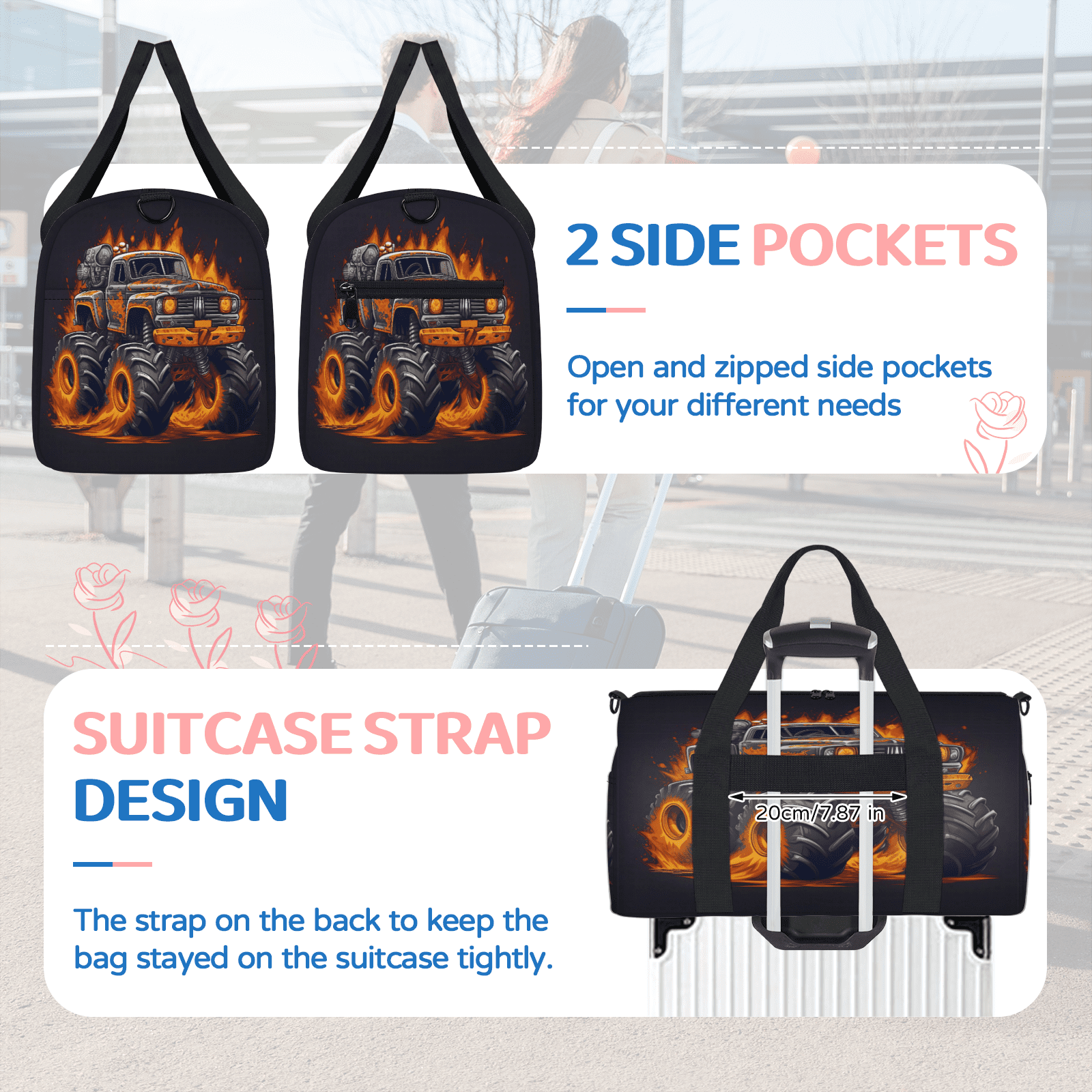 Herdesigns Fiery Monster Car Gym Bag for Women, Duffle Bag for Travel Sport, Lightweight Waterproof Carry on Weekender Overnight Dance Yoga Workout Bags