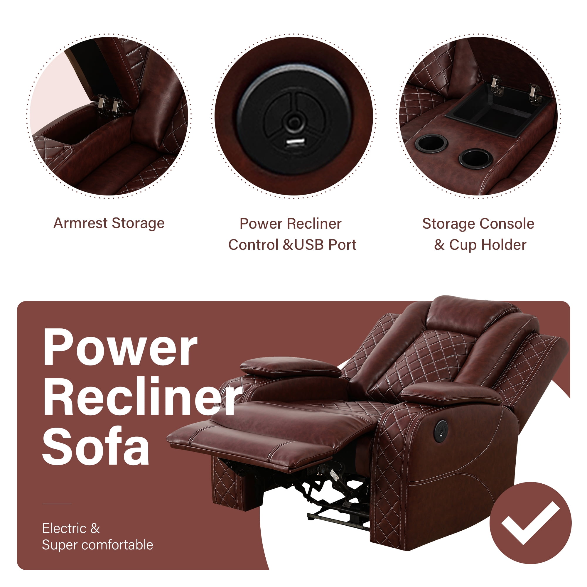 Aukfa Power Recliner Sofa Chair W/ Storage and USB for Living Room,Leather, Brown