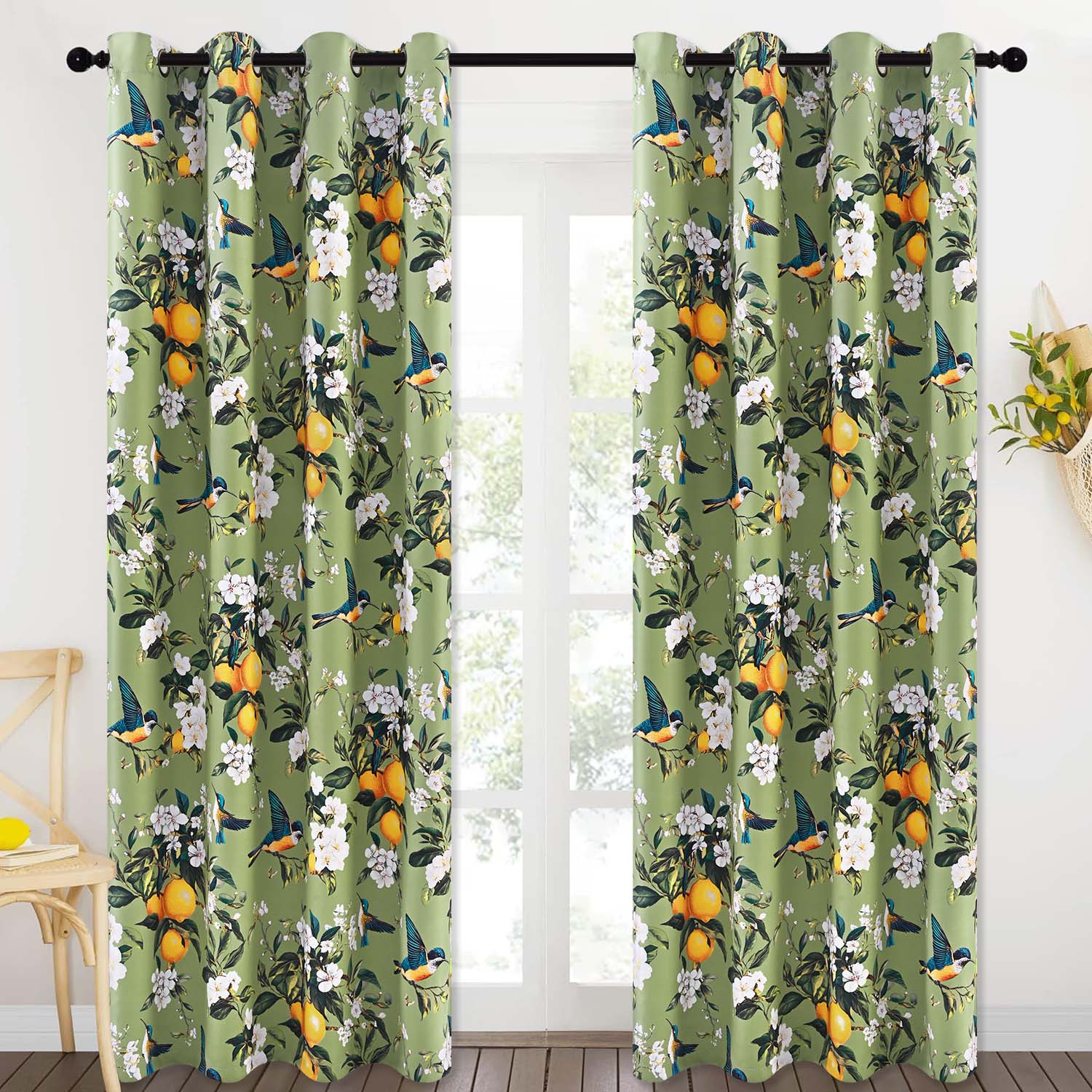 Alishomtll Floral Lemon Hummingbird Blackout Curtains Room Darkening Grommet Window Drapes for Living Room , 52" x84", ,Set of 2 Panels,Sage Green