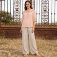thumbnail image 6 of CIENVNSTG Two Piece Sets for Women Summer Casual 3/4 Sleeve Embroidered Tops Capri Pant Cotton Linen Lounge Set with Pockets Matching Sets Pink M-2, 6 of 7