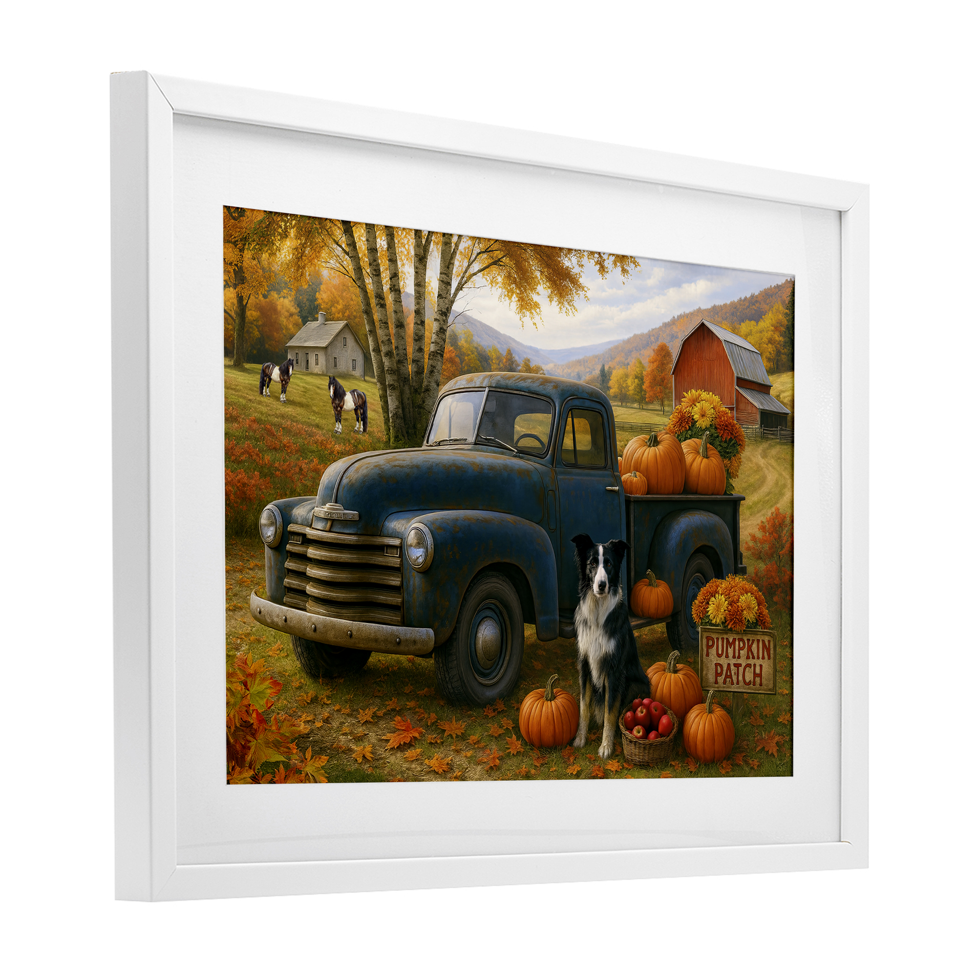 Autumnal Farmland Collie Dog White Framed Print Under Glass, design by Tom Crehan
