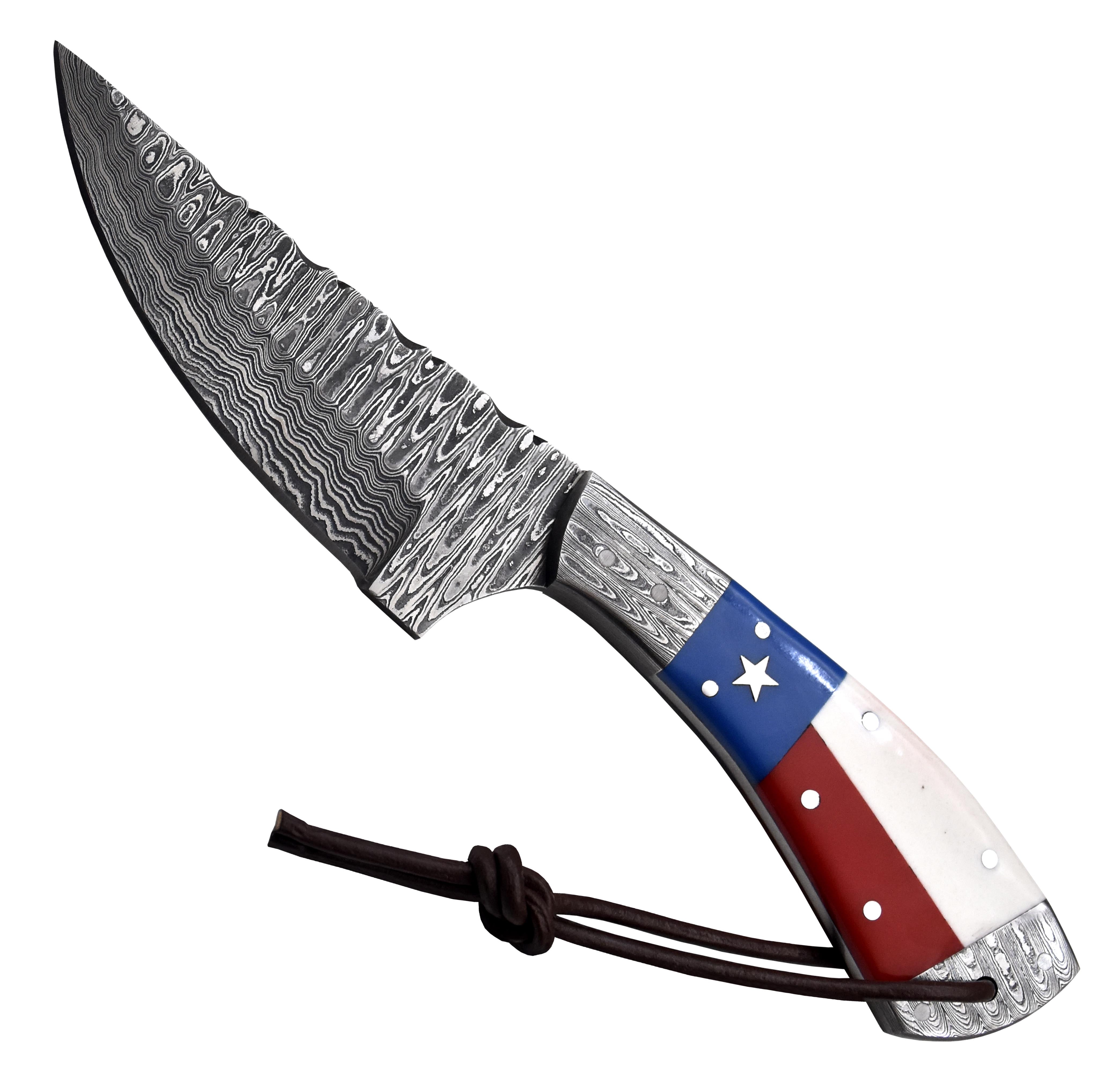Hercules Knives Damascus Steel Camping Hunting Knife with Leather Sheath Texas Flag Resin Handle