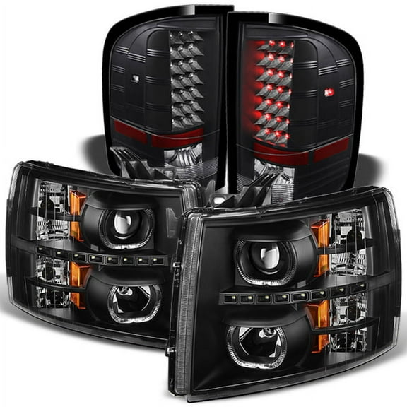 AKKON - For [Dual LED Ring] 07-13 Silverado Pickup Truck Black Projector Headlights   LED Tail light Set