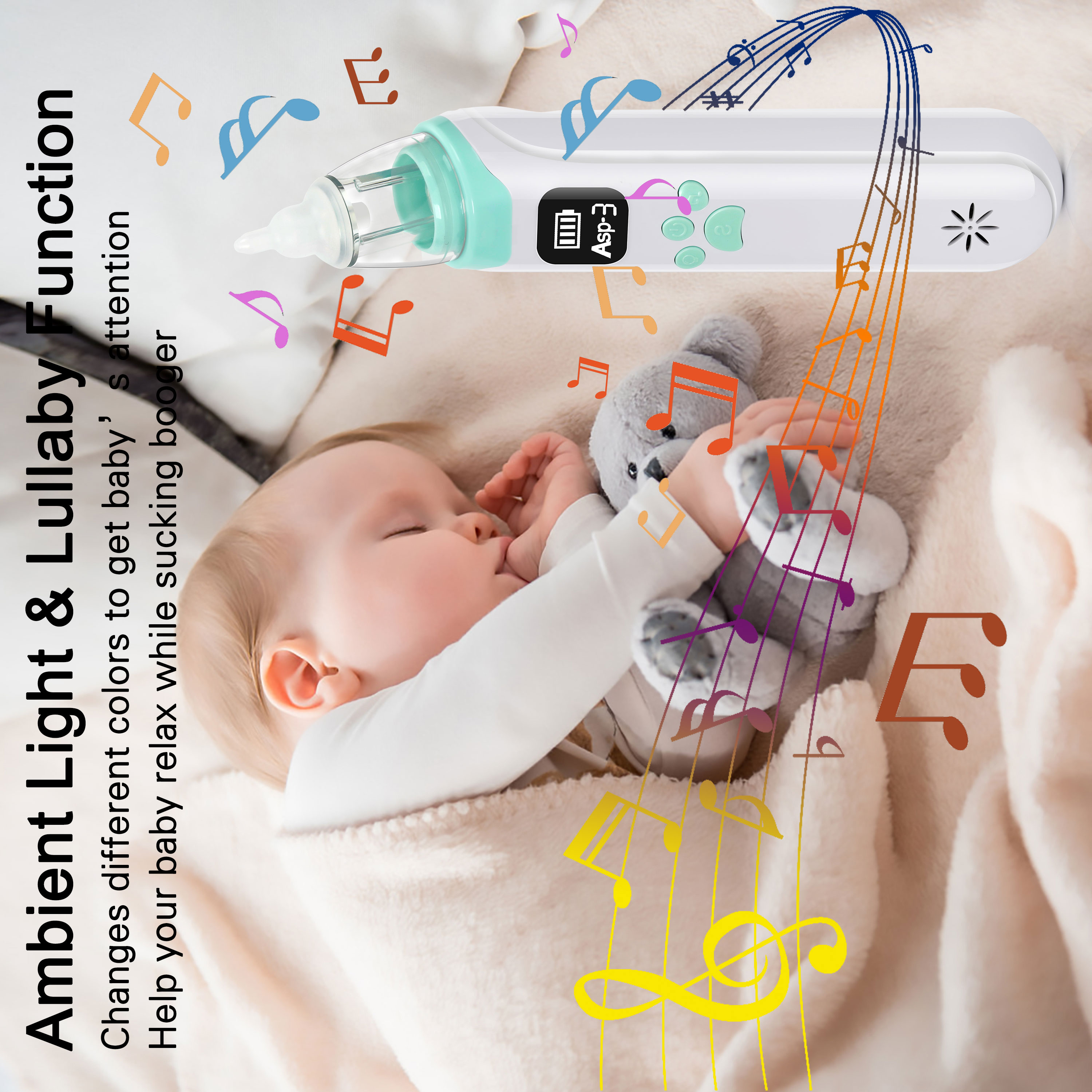 Rechargeable Nasal Aspirator for Baby, Electric Nose Sucker for Infants ,Automatic Nose Cleaner for Toddler,with Music & Colorful Lights,3 Strength Suction Levels